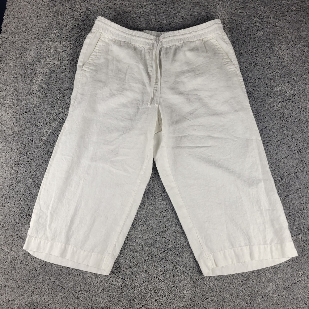 Talbots Pants Womens XLP White Linen Wide Leg Cropped Pull On Elastic Waist